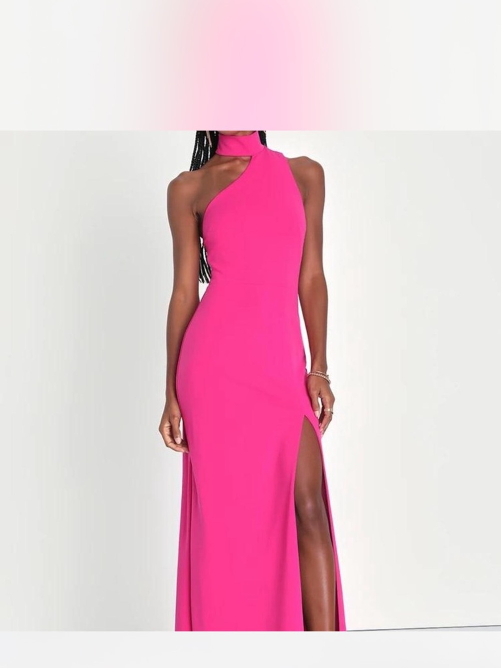 Lulu's Hot Pink One-Shoulder Backless Gown with Thigh Slit